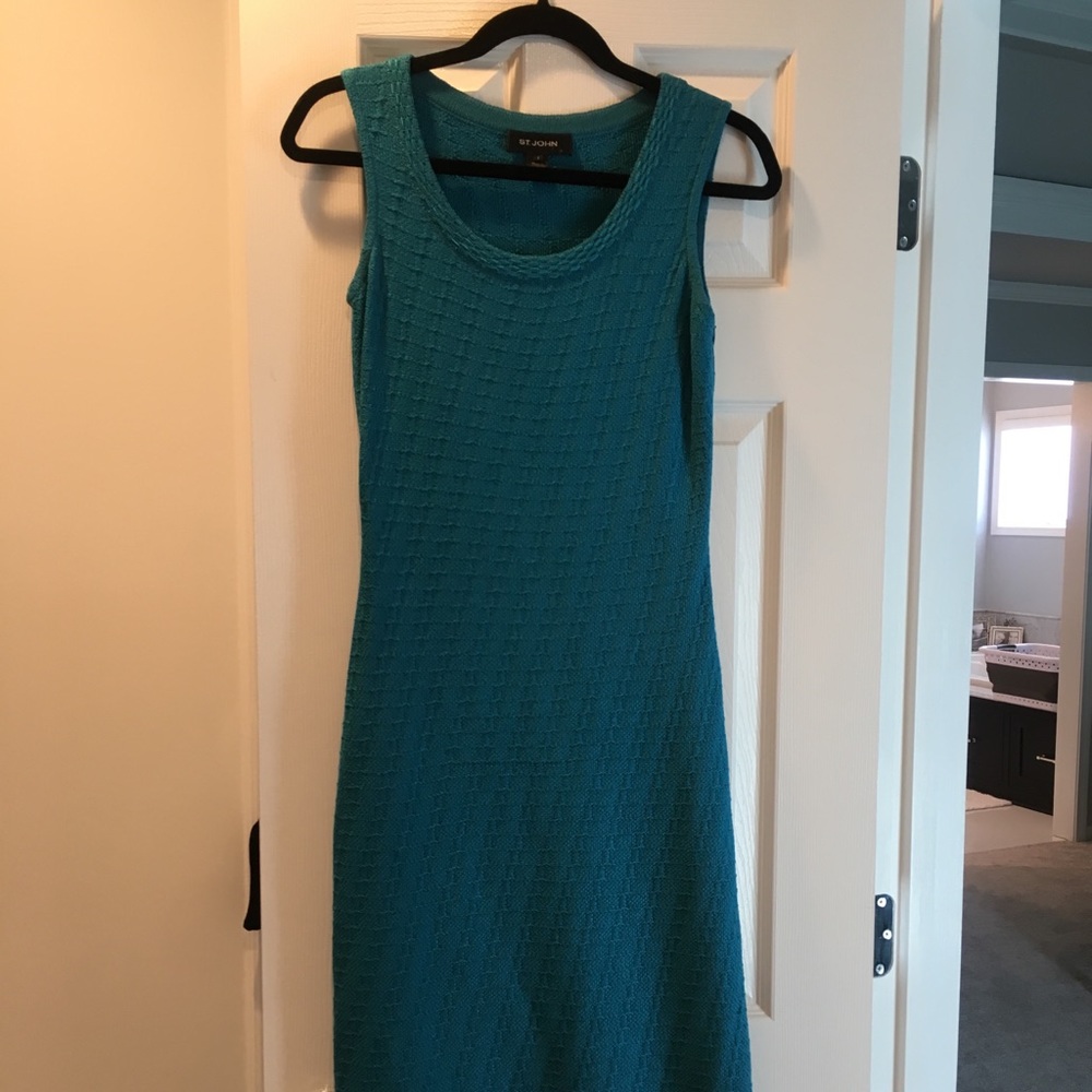 St. John Teal Sleeveless Midi Knit Dress